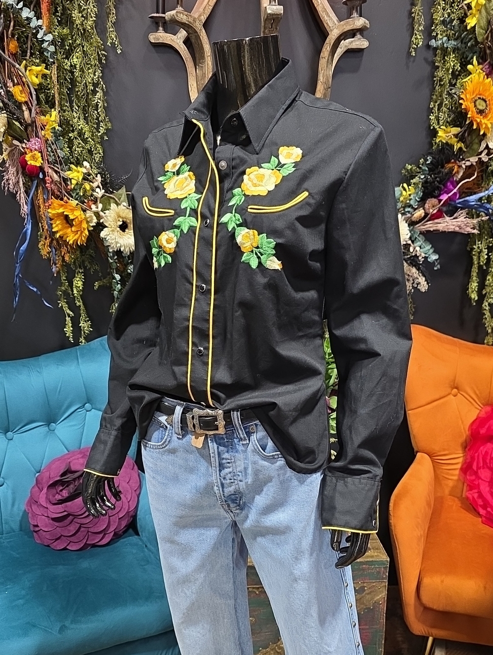 Karman Black Embroidered Rose Western Button-Down Shirt